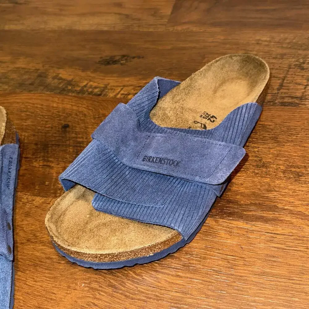 Birkenstock Kyoto Suede Embossed Corduroy Indigo Slide Sandals